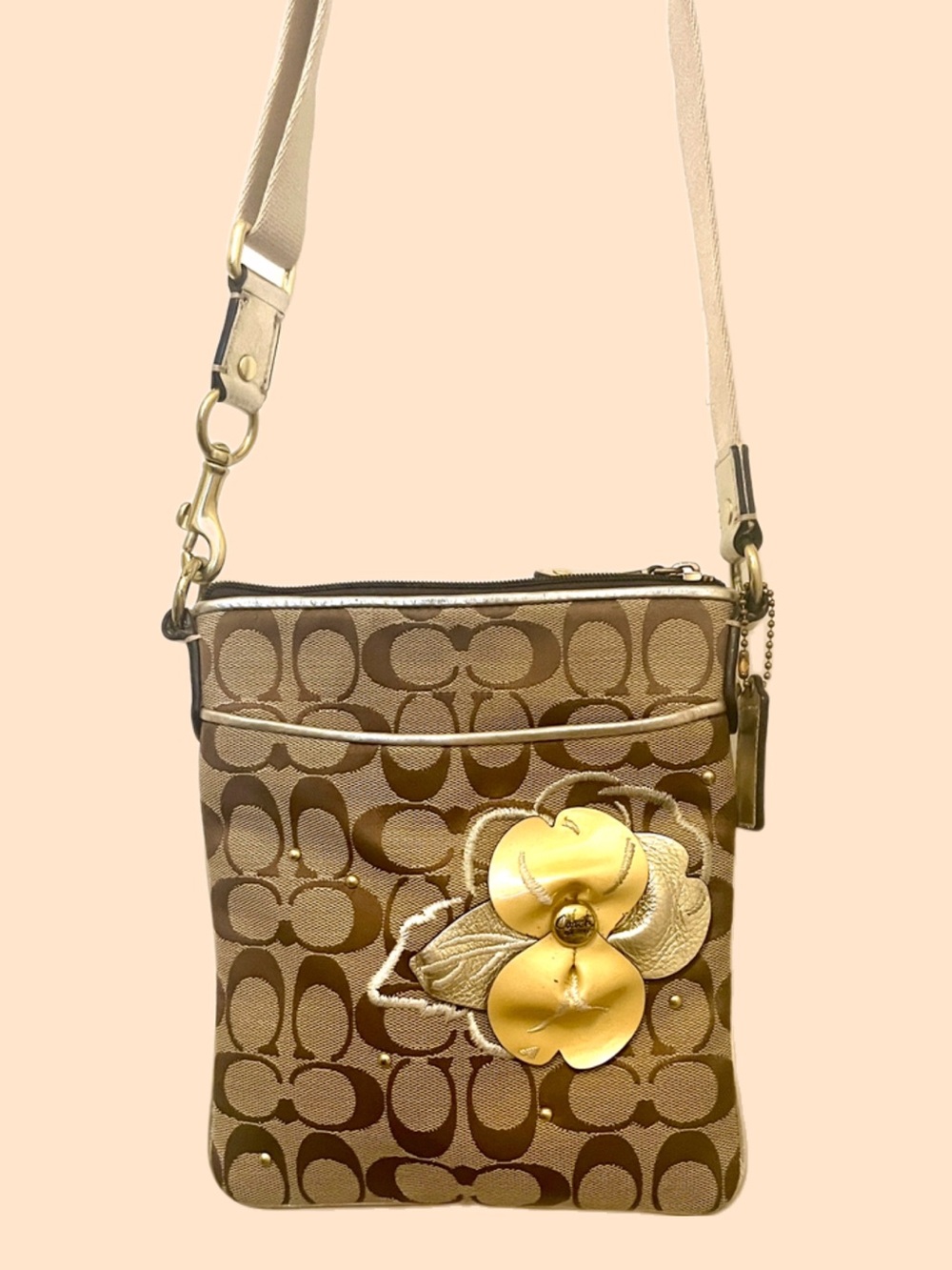 Coach Brown Signature Crossbody with Gold Floral Applique Swingback